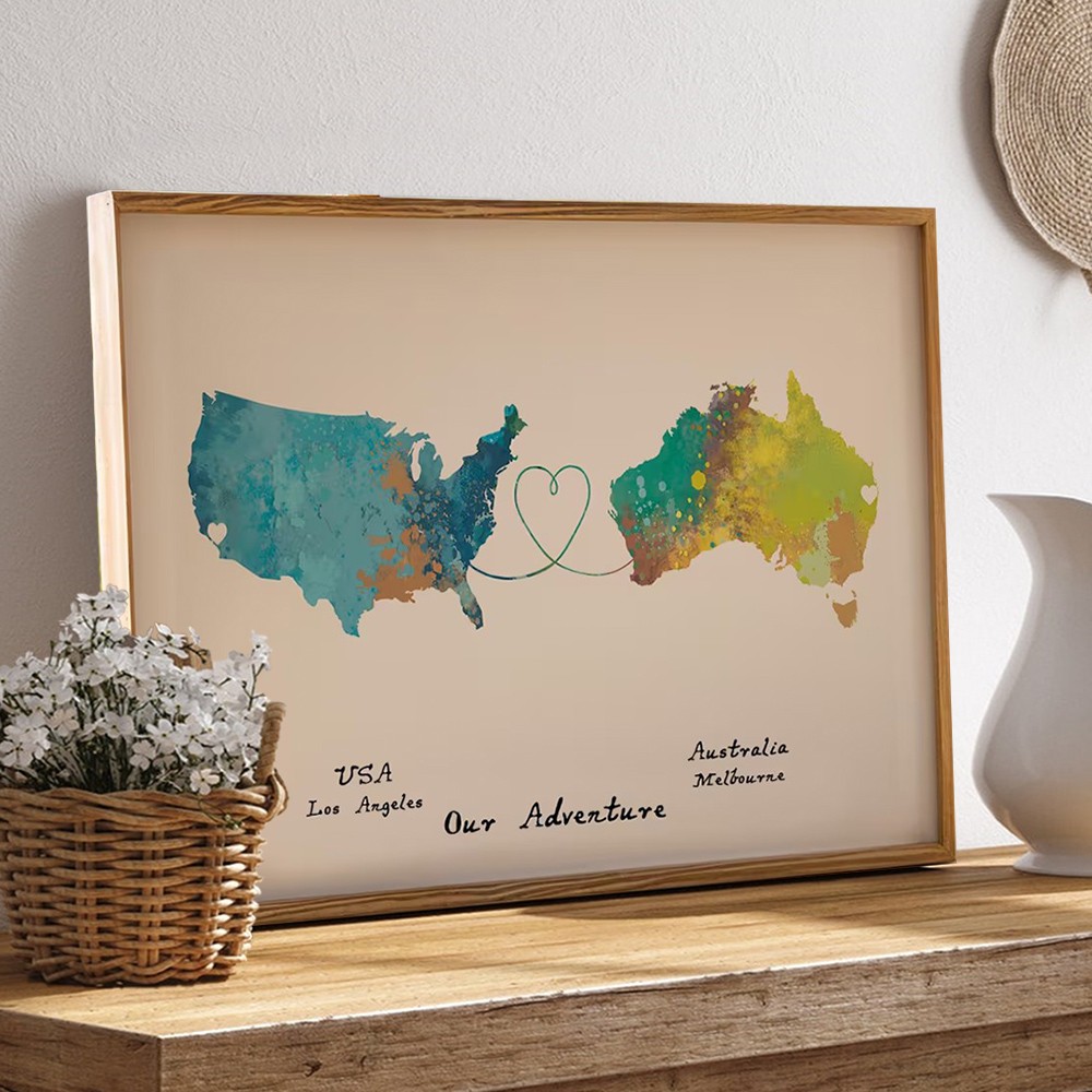 Personalized Two Countries Location Map Wooden Sign Gift For Valentine's Day Wedding Anniversary Birthday