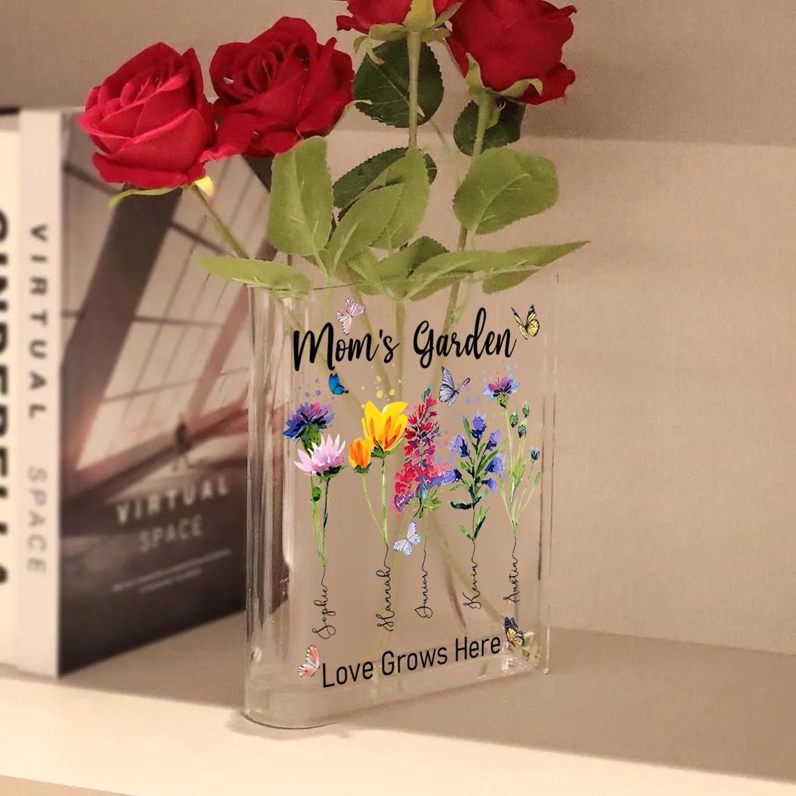 Personalized Mom's Garden Birth Month Flower Acrylic Book Vase With Kids Name For Mom Grandma Mothers Day Gift