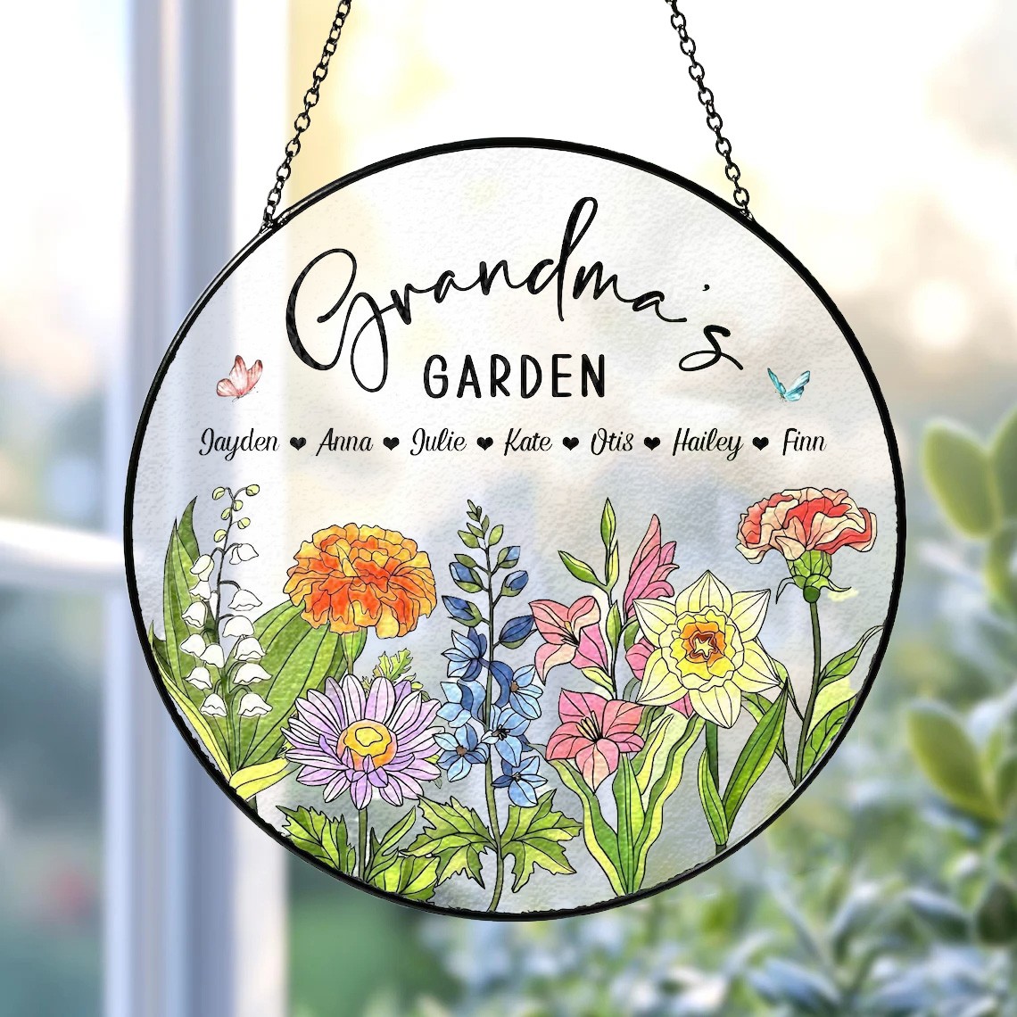 Custom Grandma's Garden Birth Flower Stain Glass Suncatcher With Grandchildren Names For Mom Grandma Gift