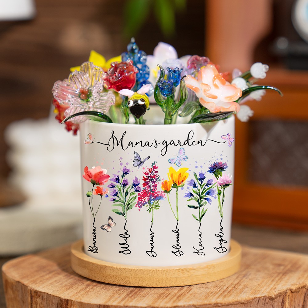 Custom Glass Birth Month Flower with Custom Birth Flower and Names Pot For Mother's Day Gift