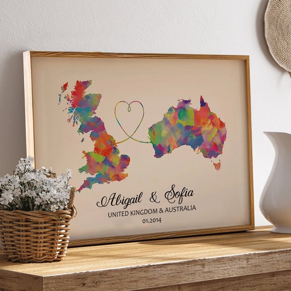 Personalized Two Countries Location Map Wooden Sign Gift For Valentine's Day Wedding Anniversary