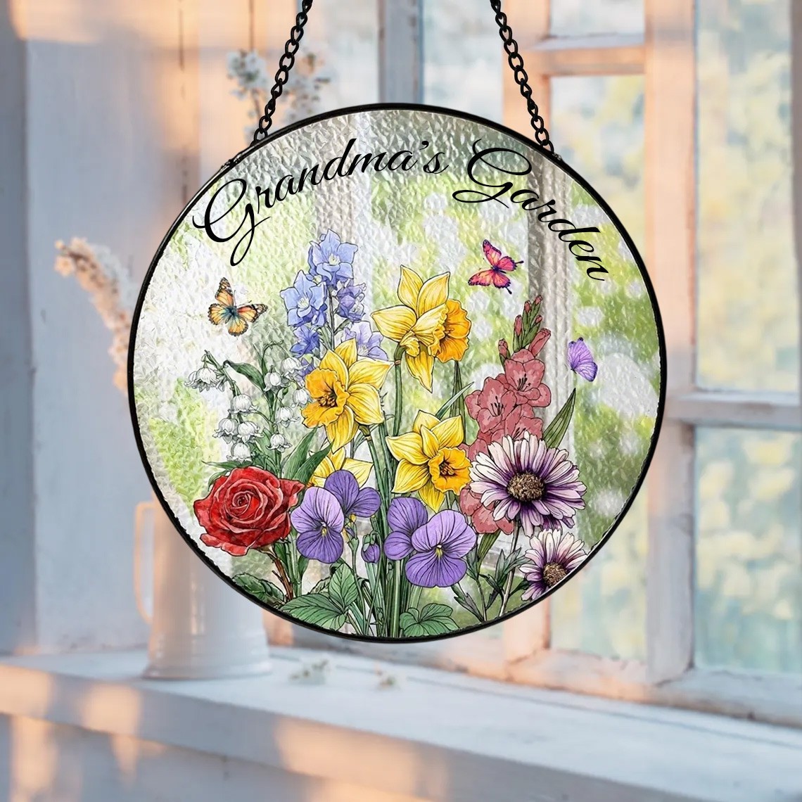 Custom Family Grandma's Garden Birth Flower Stain Glass Suncatcher For Mom Grandma Gift
