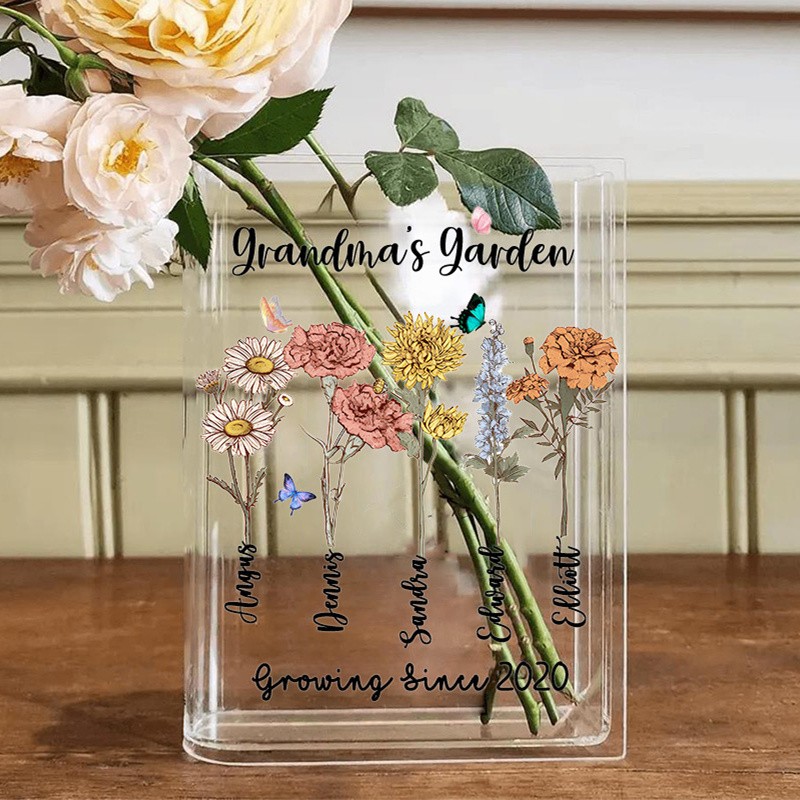 Personalized Grandma's Garden Birth Month Flower Book Vase With Grandkids Name For Mom Grandma Mothers Day Gift