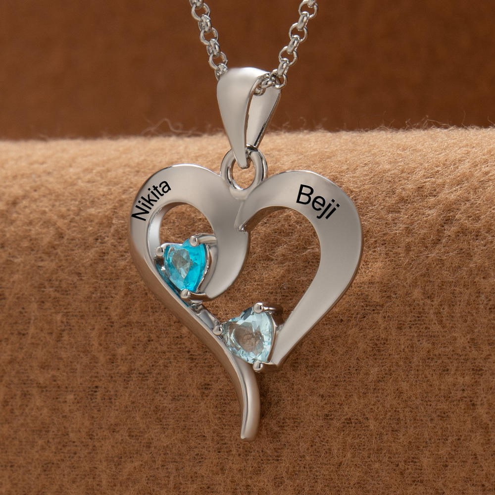 Custom Couple Names Heart Necklace With Birthstones Valentine's Day Gifts