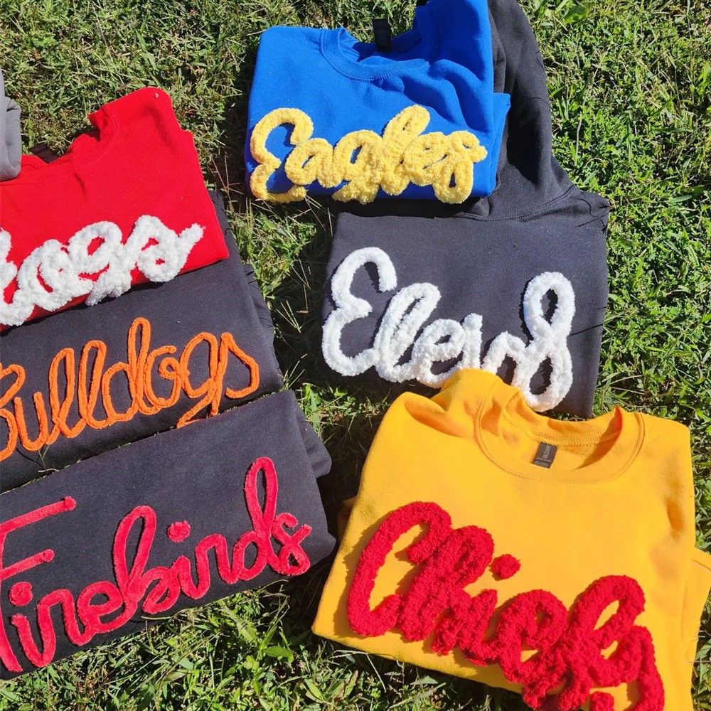 Game Day Custom Chenille Yarn Embroidered Team Sport Sweatshirt Fuzzy Letter School Spirit Shirt Christmas Gift