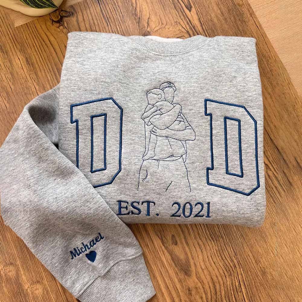 Custom Embroidered Dad Photo Outline Sweatshirt With Kids Name On Sleeve For Father's Day Gift