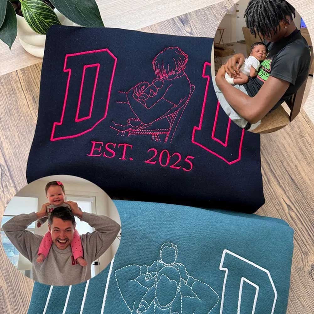 Custom Embroidered Dad Photo Outline Sweatshirt With Kids Name On Sleeve For Father's Day Gift