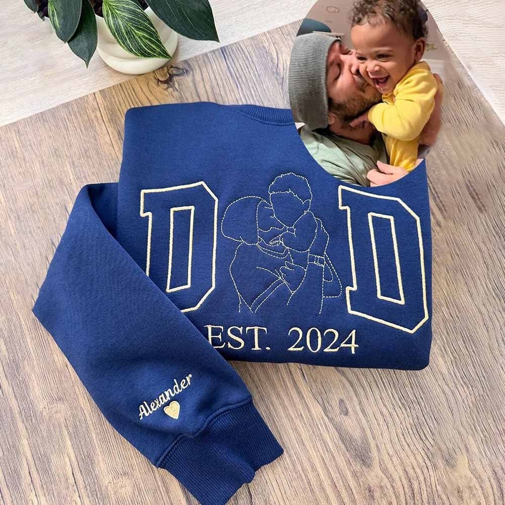 Custom Embroidered Dad Photo Outline Sweatshirt With Kids Name On Sleeve For Father's Day Gift