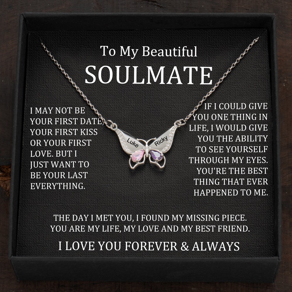 Custom Butterfly Names Heart Necklace With Birthstones Valentine's Day Gifts
