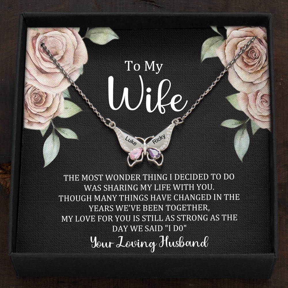 Custom Butterfly Names Heart Necklace With Birthstones Valentine's Day Gifts