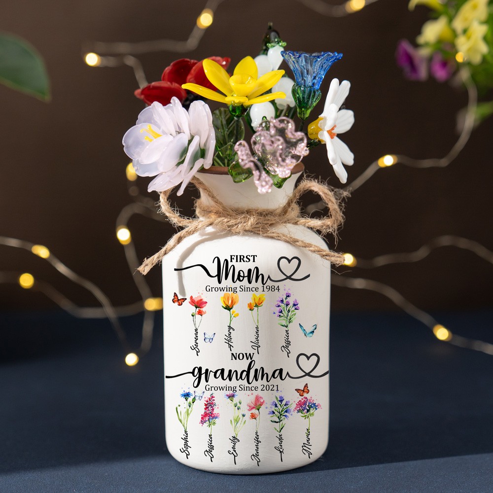 First Mom Now Grandma Custom Birth Flower Vase With Kids Name For Mom Grandma Christmas Gift