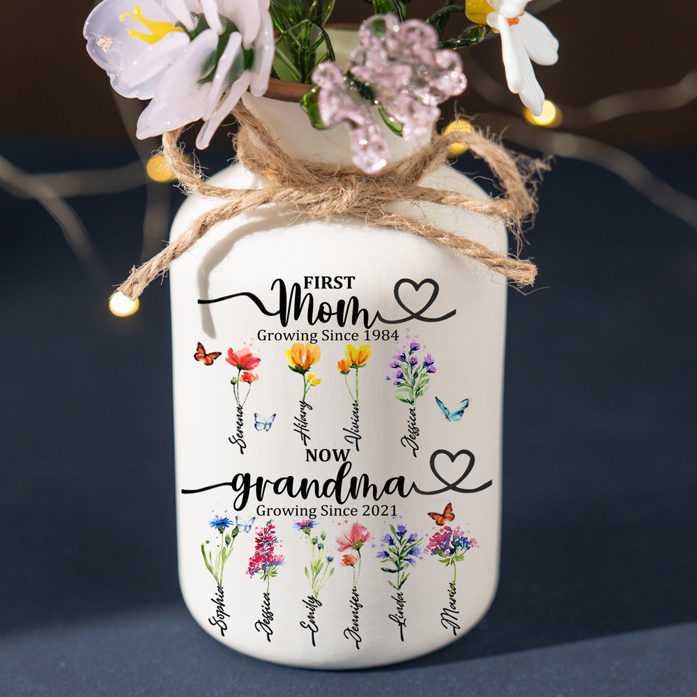First Mom Now Grandma Custom Birth Flower Vase With Kids Name For Mom Grandma Christmas Gift