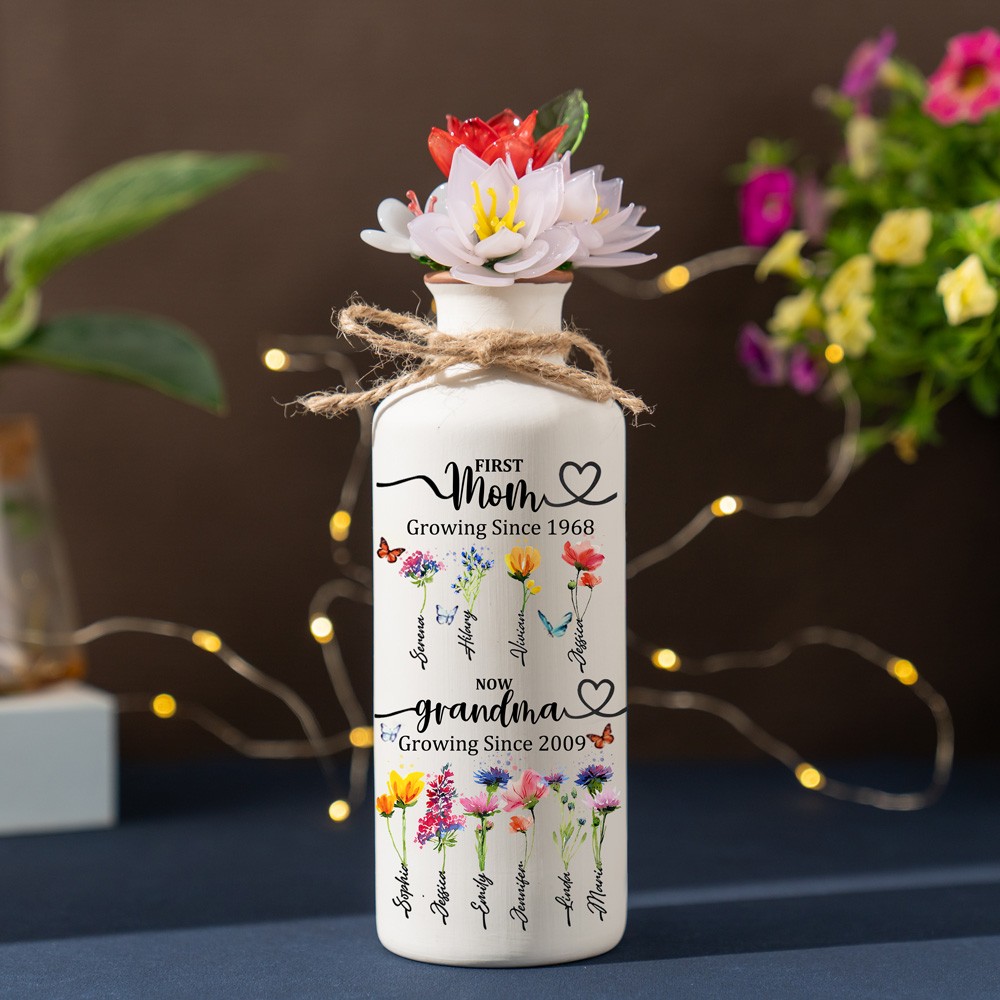 First Mom Now Grandma Custom Birth Flower Vase With Kids Name For Mom Grandma Christmas Gift