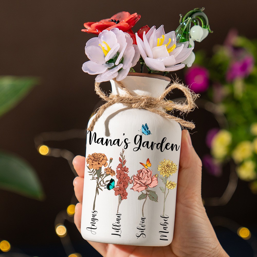 Personalized Nana's Garden Birth Month Flower Vase with Kids Names For Mom Grandma Nana Family Gift