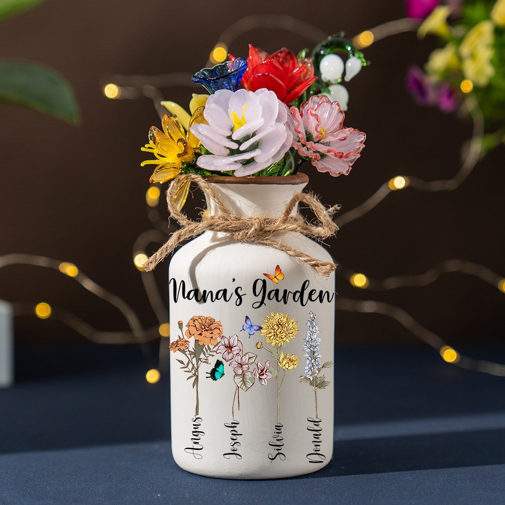 Personalized Nana's Garden Birth Month Flower Vase with Kids Names For Mom Grandma Family Gift
