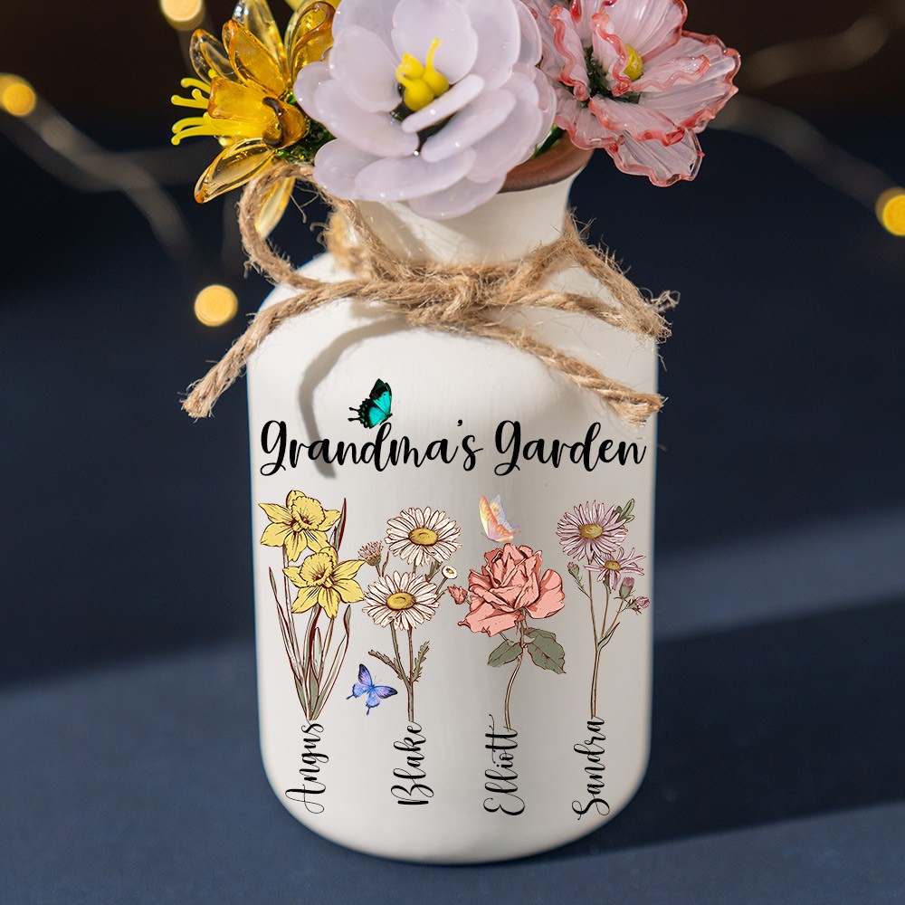 Personalized Grandma's Garden Birth Month Flower Vase with Grandkids Names For Mom Grandma Family Gift