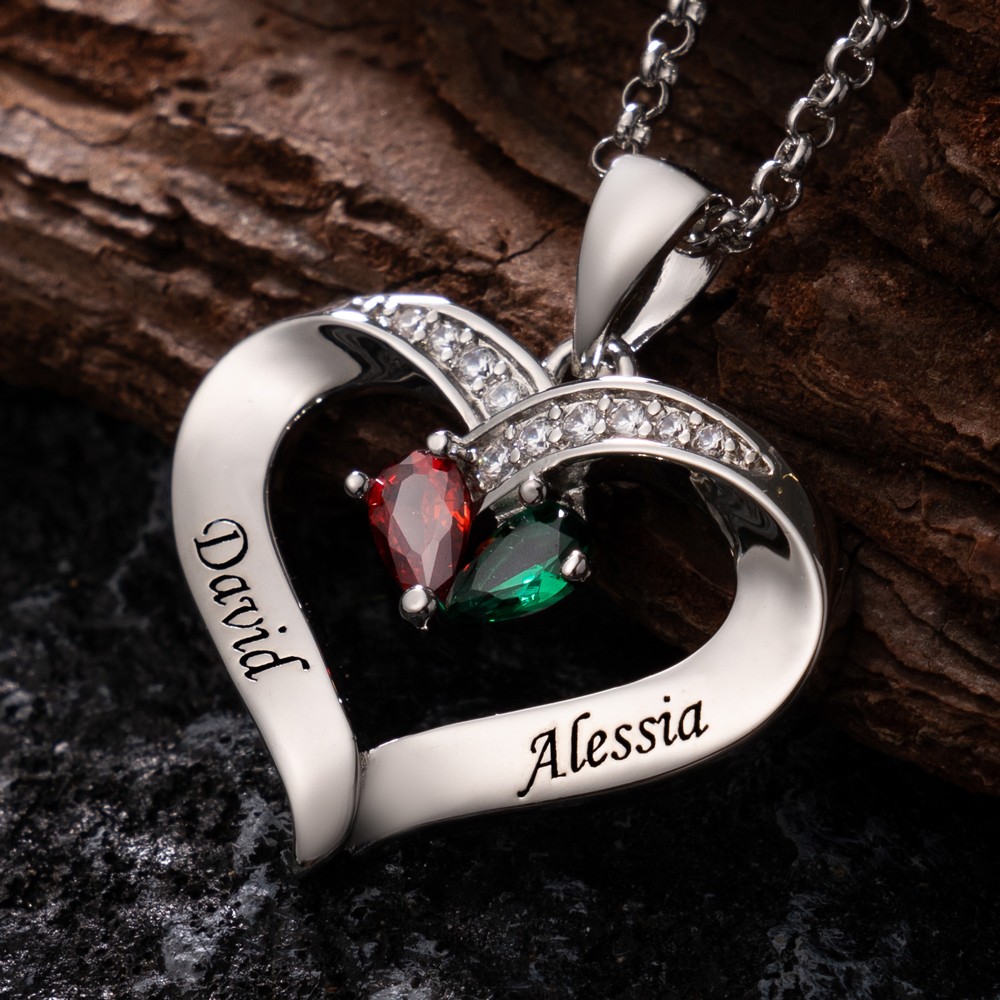 Personalized Heart shaped Name Necklace With Birthstones Valentine's Day Gifts