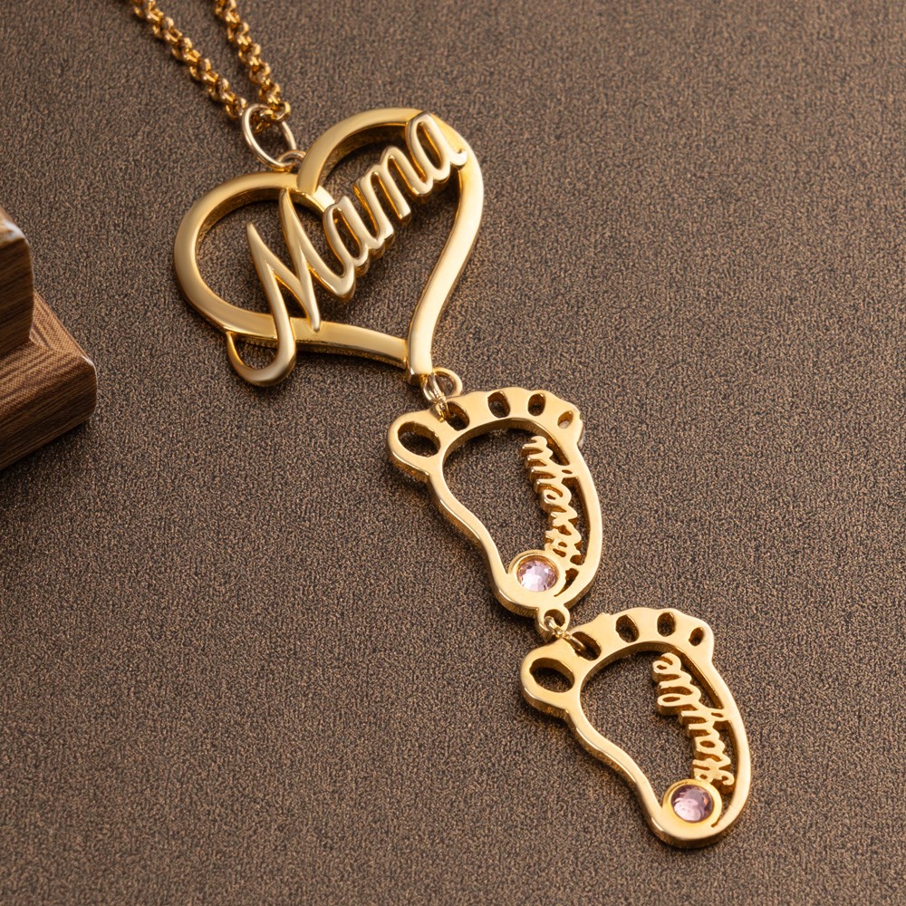 Personalized Mama Necklace with Custom Baby Feet and Birthstone For Mother Gift Ideas
