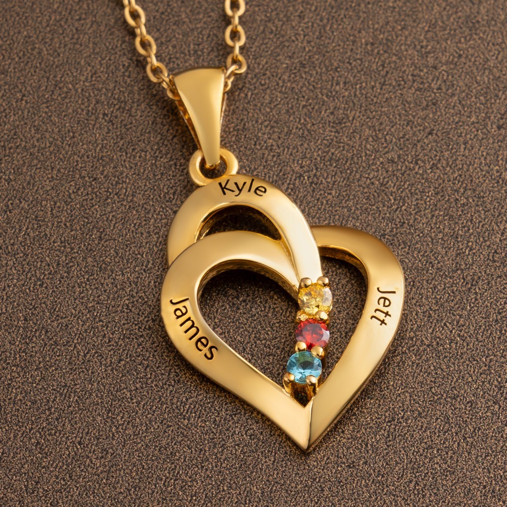 Personalized Heart Necklace with Names and Birthstones For Wife Mom Gift Ideas