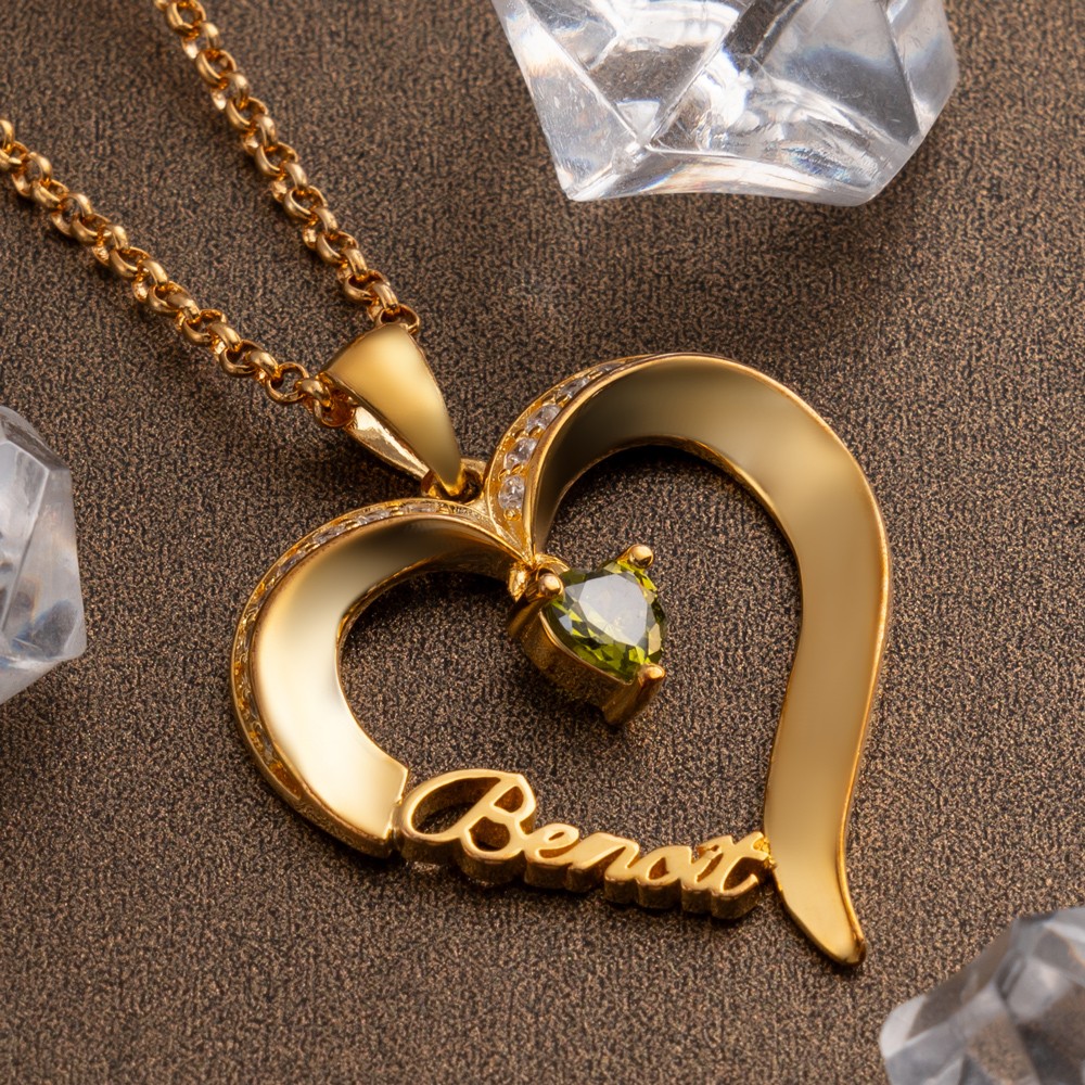 Personalized Name Heart Necklace With Birthstones For Birthday Valentine's Day Gifts