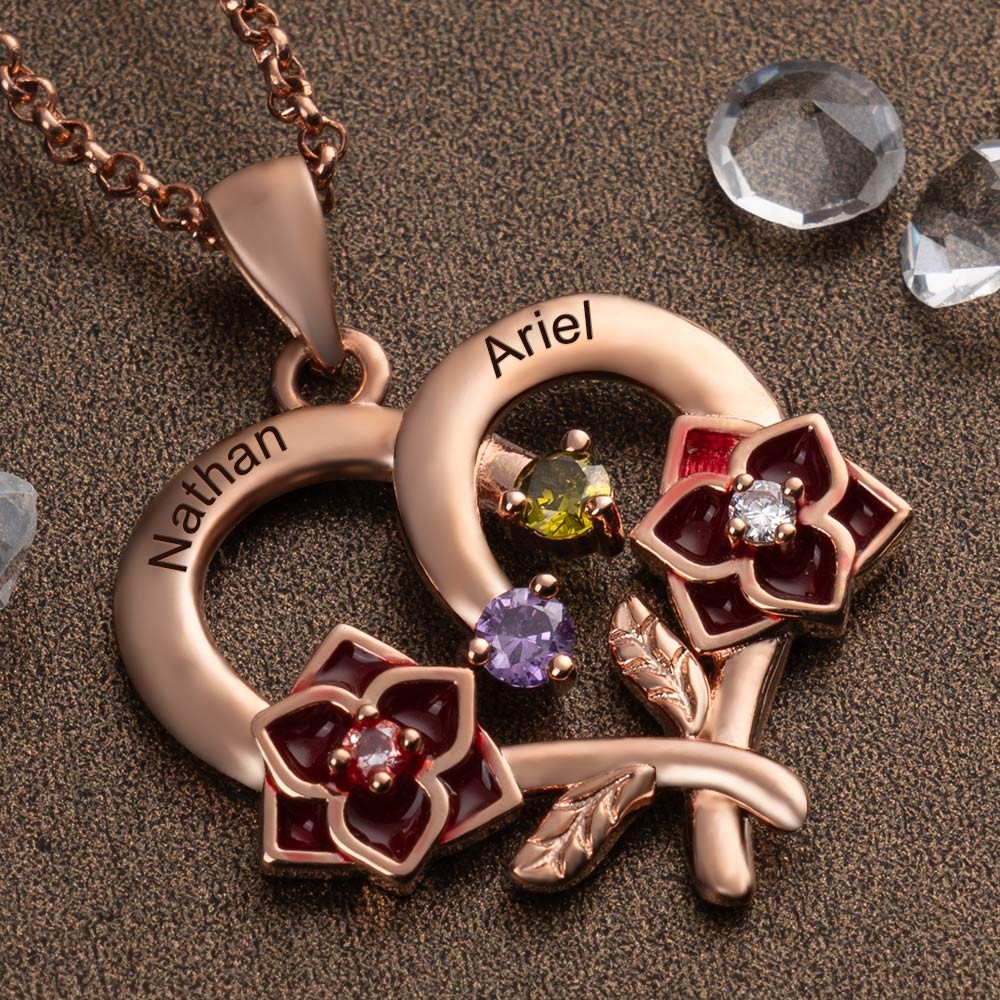 Personalized Flower Heart Name Necklace with Birthstone For Mother's Day Gift