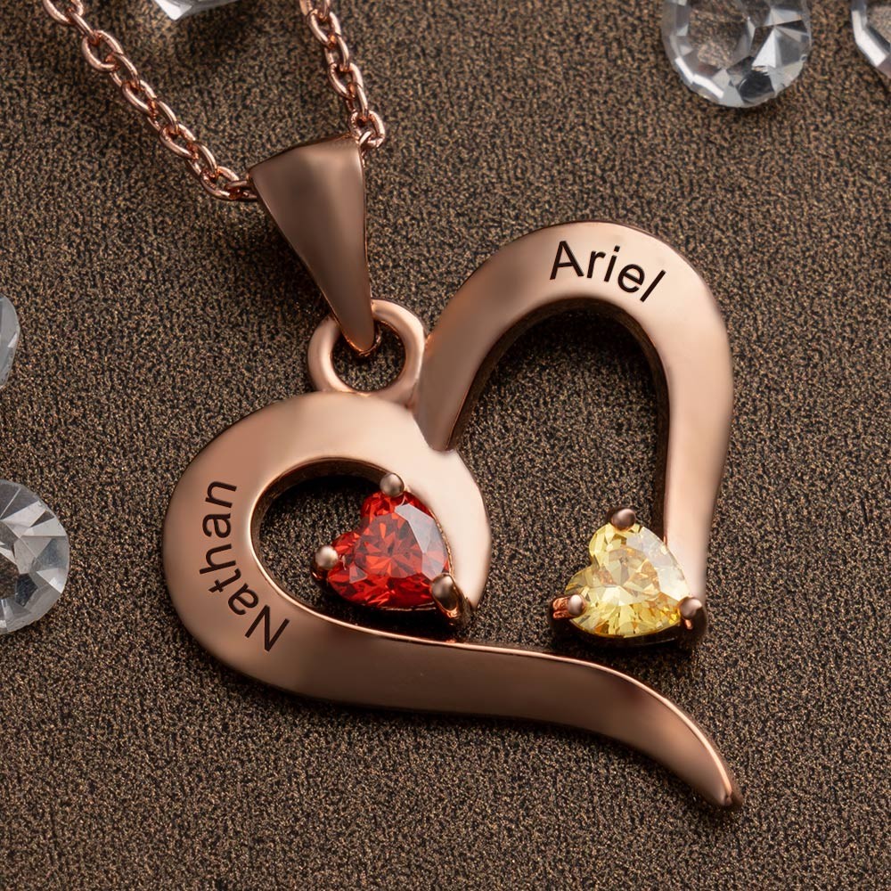 Custom Couple Names Heart Necklace With Birthstones Valentine's Day Gifts