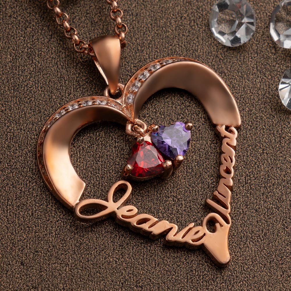 Personalized Heart Necklaces With 2 Names and Birthstones For Soulmate Girlfriend Valentine's Day