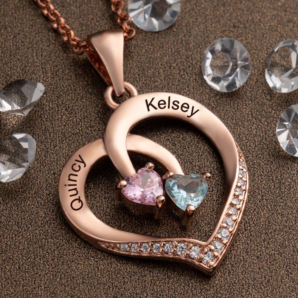 Custom Couple Names Heart Necklace With Birthstones Valentine's Day Gifts