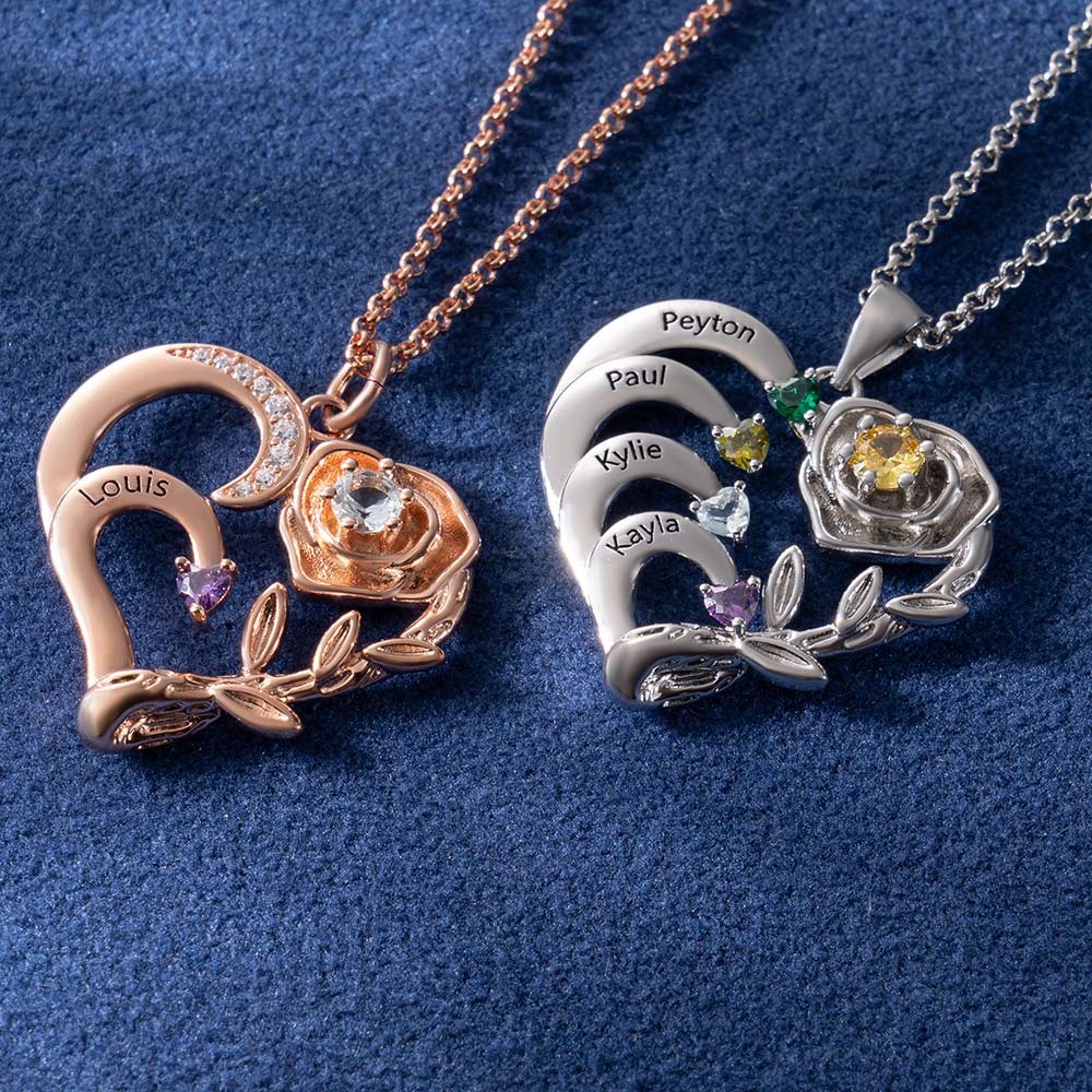 Personalized Rose Heart Necklace with Name and Birthstone For Mother's Day Gift