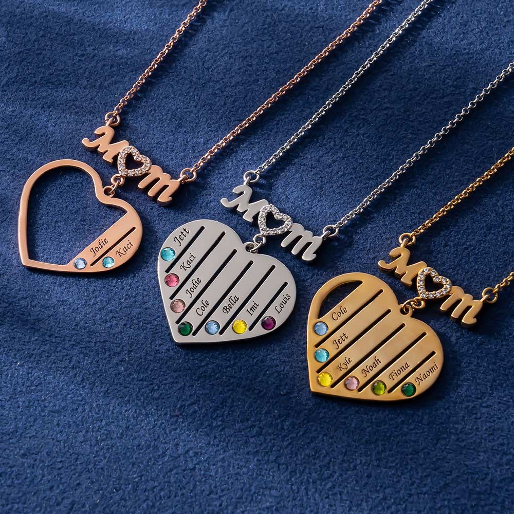 Personalized Mom Birthstone Necklace with Kid's Names For Mother's Day Gift