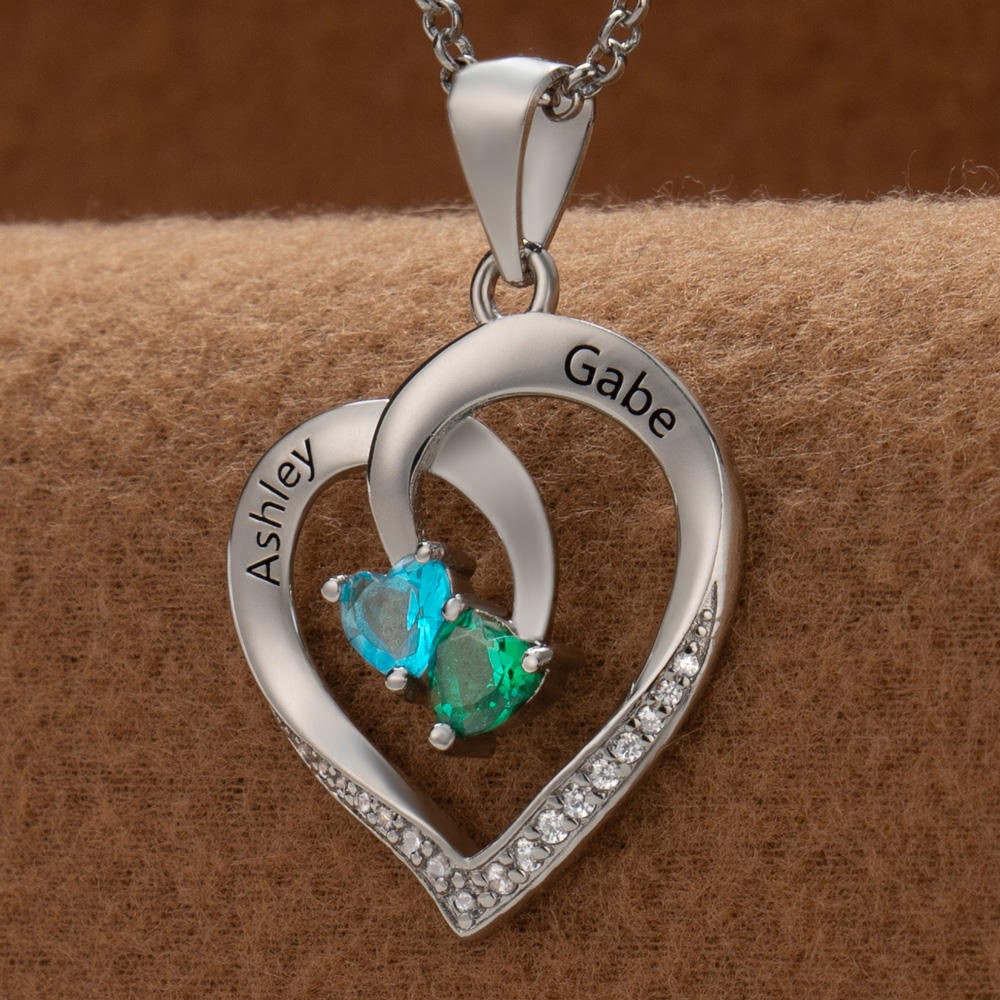 Custom Couple Names Heart Necklace With Birthstones Valentine's Day Gifts