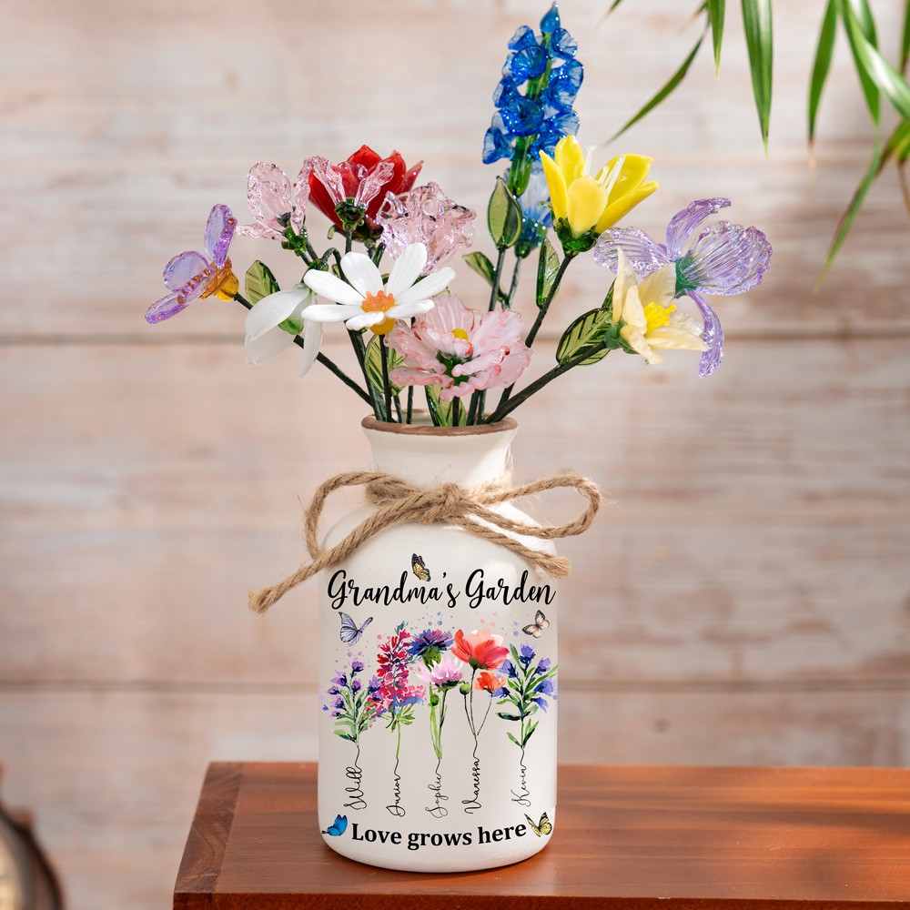 Grandma's Garden Custom Birth Month Flower Vase With Grandchildren Name For Mother's Day Gift