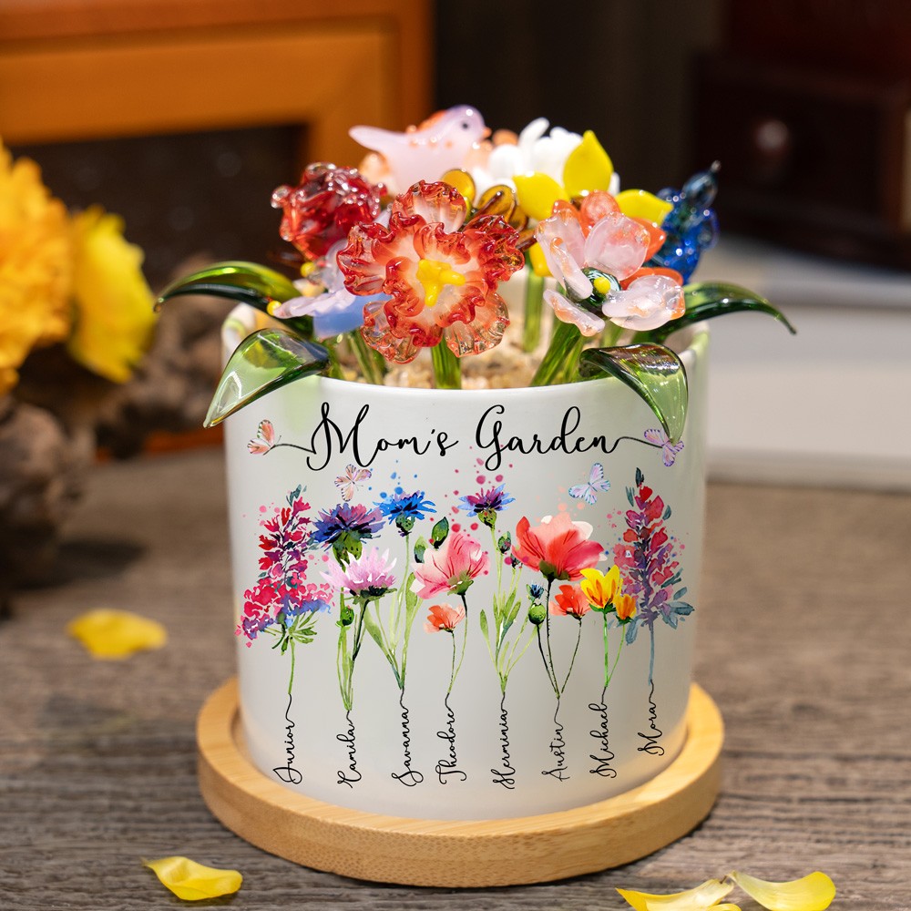 Custom Glass Birth Month Flower with Custom Birth Flower and Names Pot For Mother's Day Gift