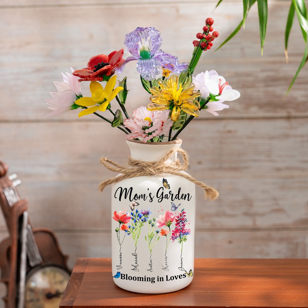 Mom's Garden Custom Birth Month Flower Vase With Kids Name For Mother's Day Gift