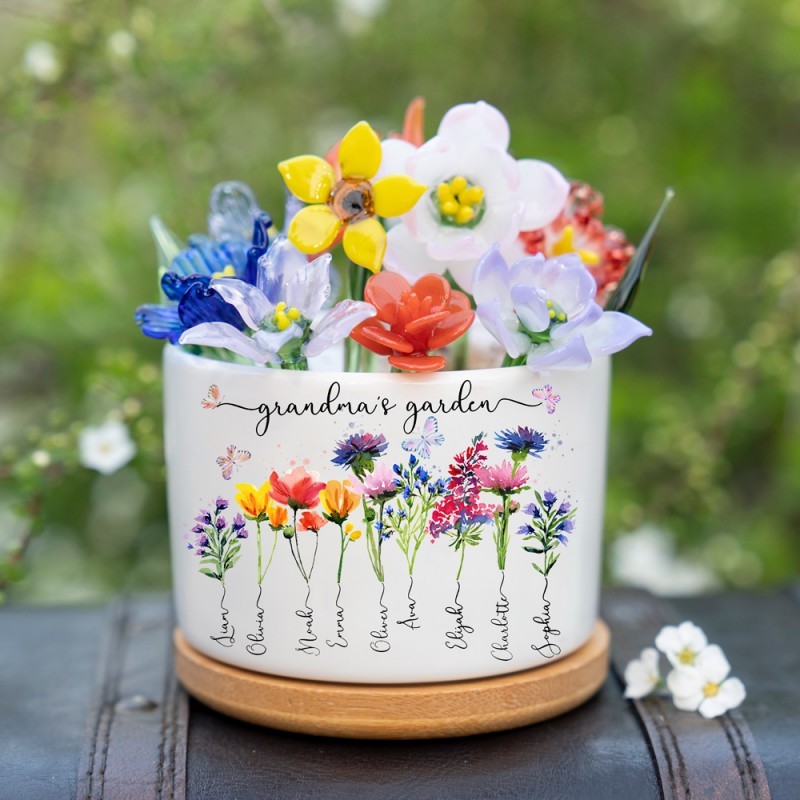 Custom Glass Birth Month Flower with Custom Birth Flower and Names Pot For Mother's Day Gift
