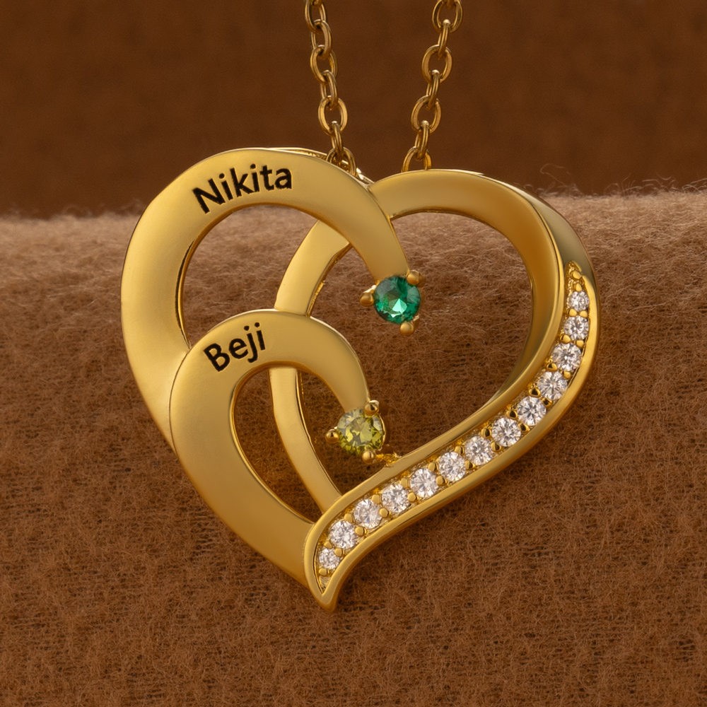 Custom Couple Names Heart Necklace With Birthstones Valentine's Day Gifts