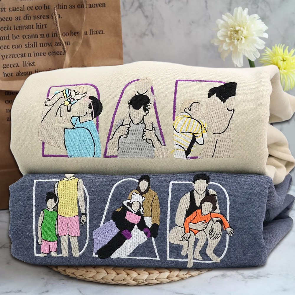 Custom Embroidered Dad Sweatshirt With Portrait From Photo For Father's Day Gift