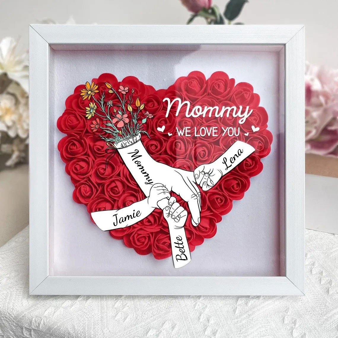 Custom Holding Hands Flower Shadow Box with Kids Name For Mom or Grandma Mother's Day Gift