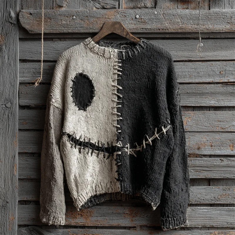 Halloween Contrast Stitched Cozy Knit Spooky Face Sweater Spooky Season Gift