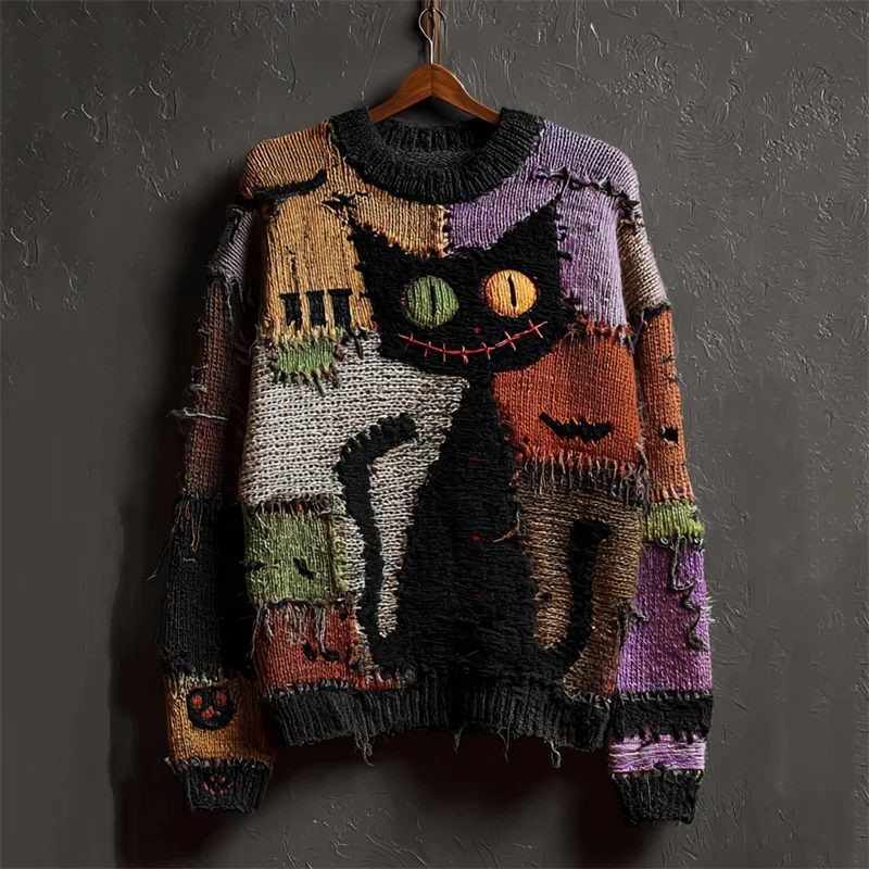 Halloween Vintage Black Cat Colorblock Stitched Cozy Knit Sweater Spooky Season Fall Gift