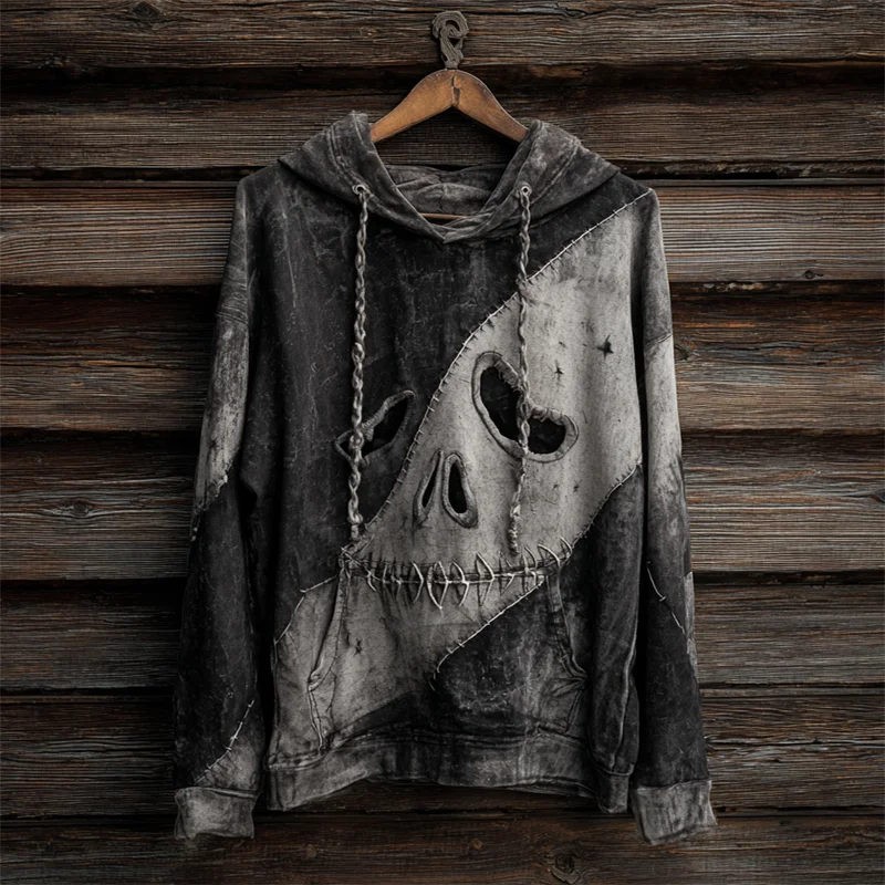 Men's Halloween Colorblock Stitched Washed Skull Face Hoodie Spooky Season Gift