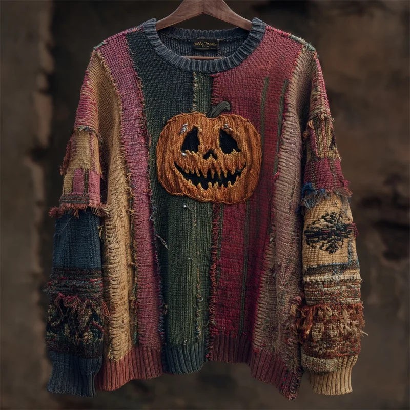 Halloween Embroidered Patchwork Knitted Spooky Pumpkin Face Sweater Spooky Season Fall Gift