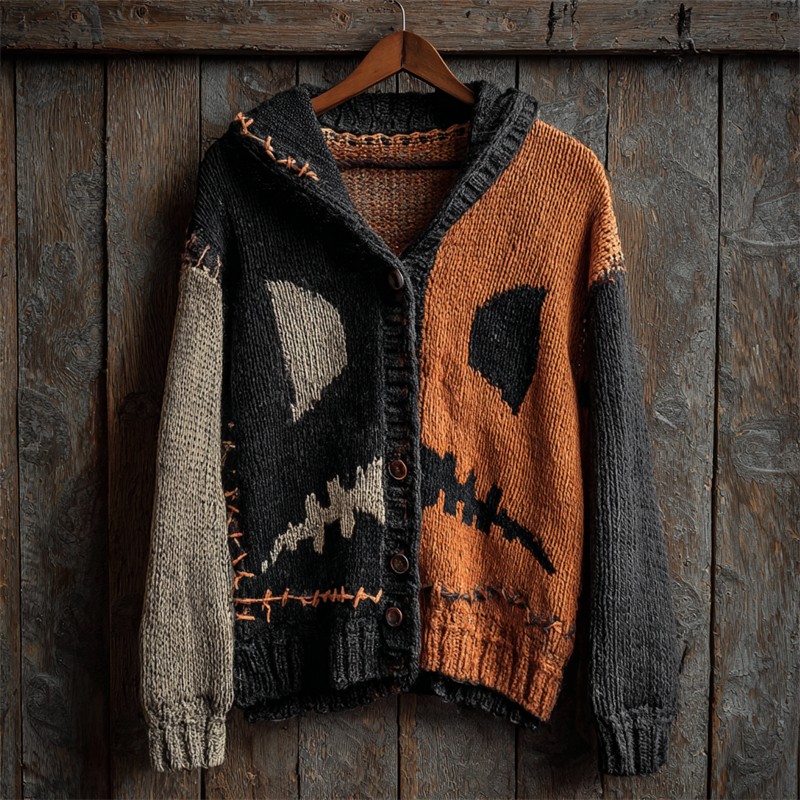 Halloween Spooky Face Contrast Stitched Cozy Knit Hooded Cardigan Spooky Season Fall Gift
