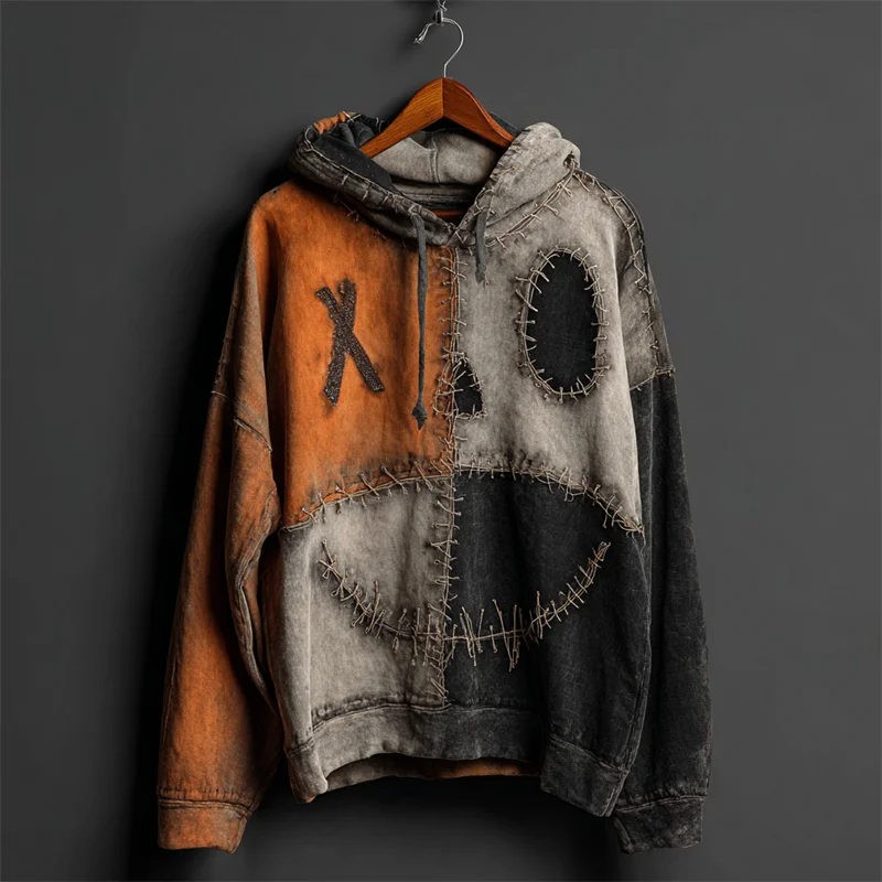 Halloween Contrast Colorblock Patchwork Spooky Face Hoodie Spooky Season Gift