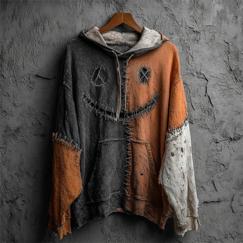 Men's Halloween Stitched Face Colorblock Patchwork Hoodie Spooky Season Gift