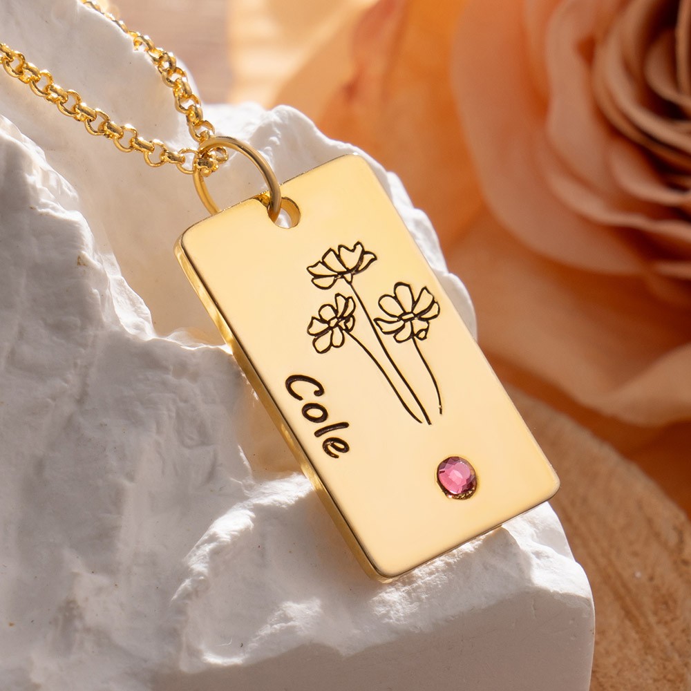 Custom October Dainty Birth Floral Necklace With Birthstone For Kids Gift Ideas