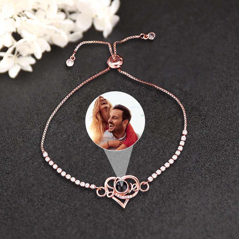 Personalized Heart Projection Bracelet With Photo Inside For Couple Valentine's Day Gifts