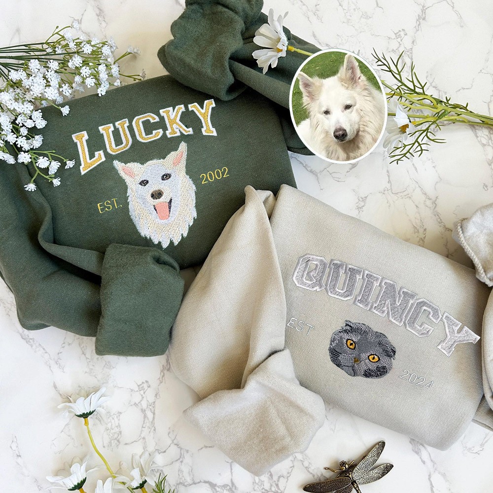 Custom Embroidered Dog Cat Face Varsity Sweatshirt For Pet Lover Gift