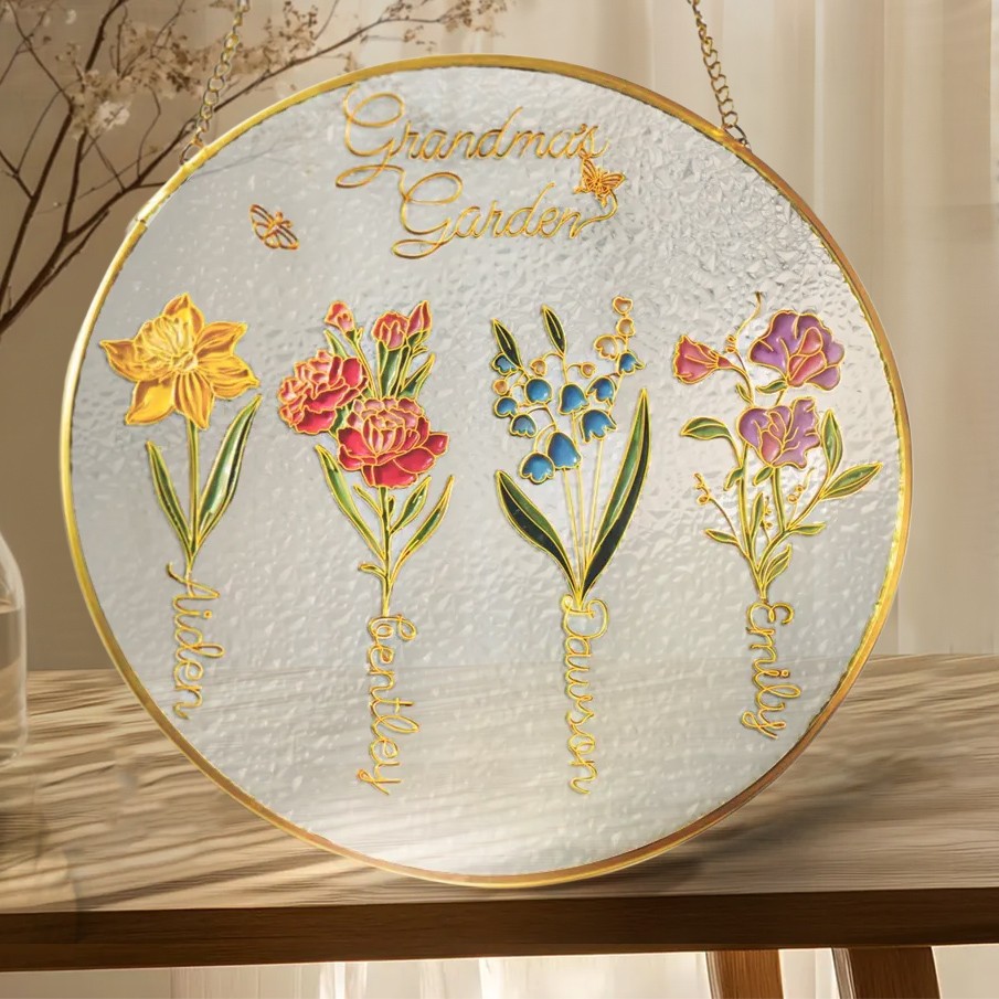 Grandma's Garden Suncatcher Personalized Birth Flower Stained Glass Window Hanging For Mother's Day Gift