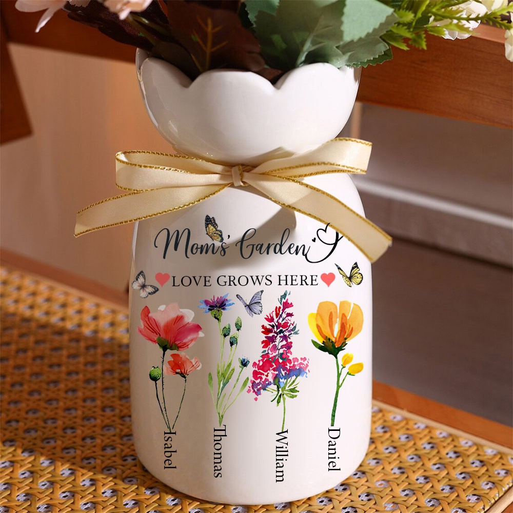 Mom's Garden Custom Birth Month Flower Vase With Kids Name For Mom Grandma Birthday Mother's Day Gift